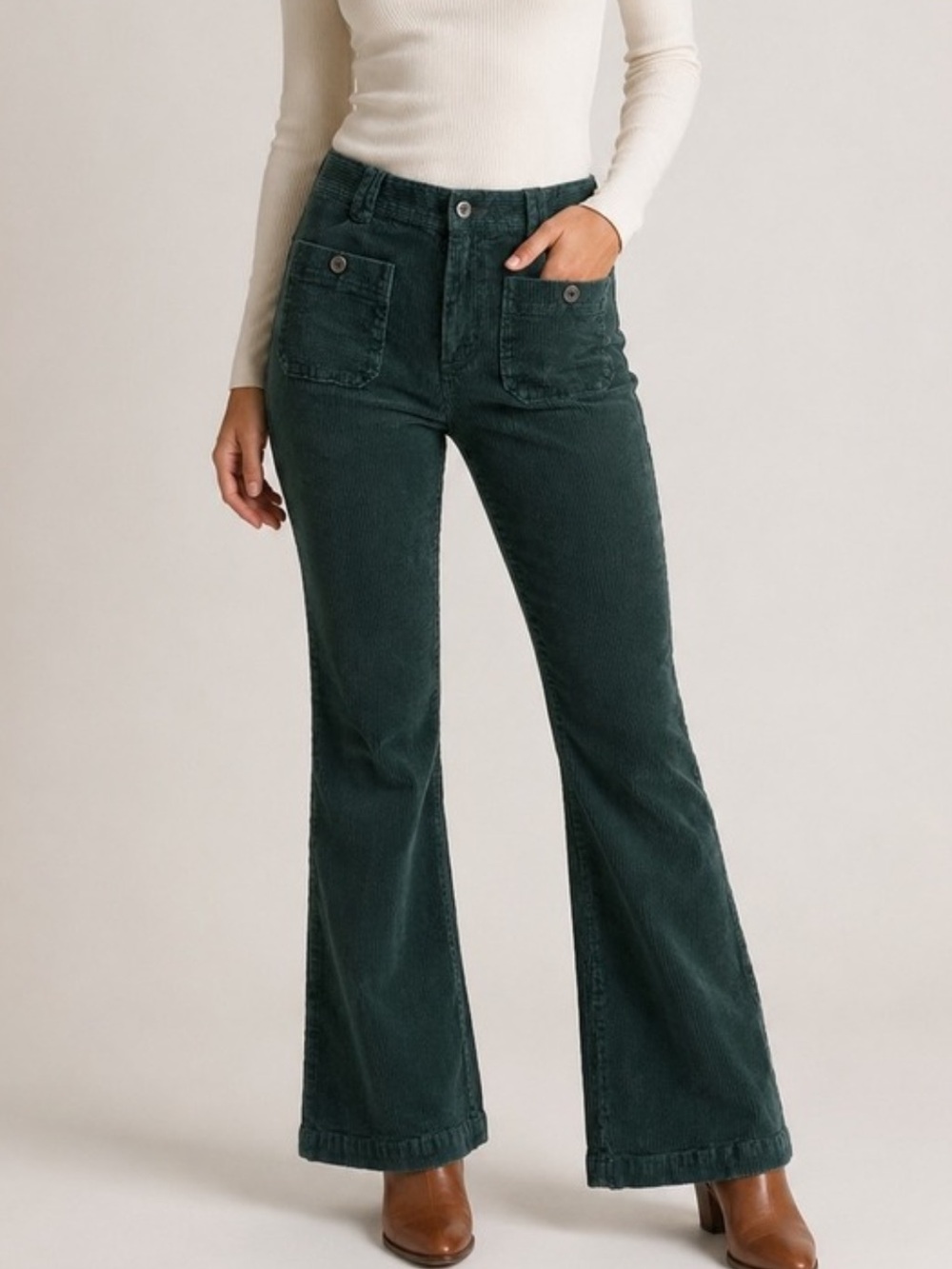 Free People Corduroy Flare Pants Womens size 6 Green Solid Button Pockets